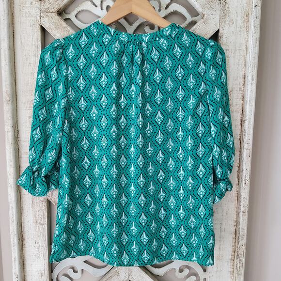 NY Collection Women's Petite Short Balloon Sleeve Button Front Blouse Top Geo - Picture 11 of 11